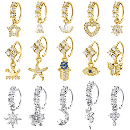 Bonuci 15 Pcs Dangle Nose Rings Hoops Heart Dangle Nose Rings Cartilage Earring Dangling Nose Piercing Jewelry for Women (10 Gold 5 Silver)