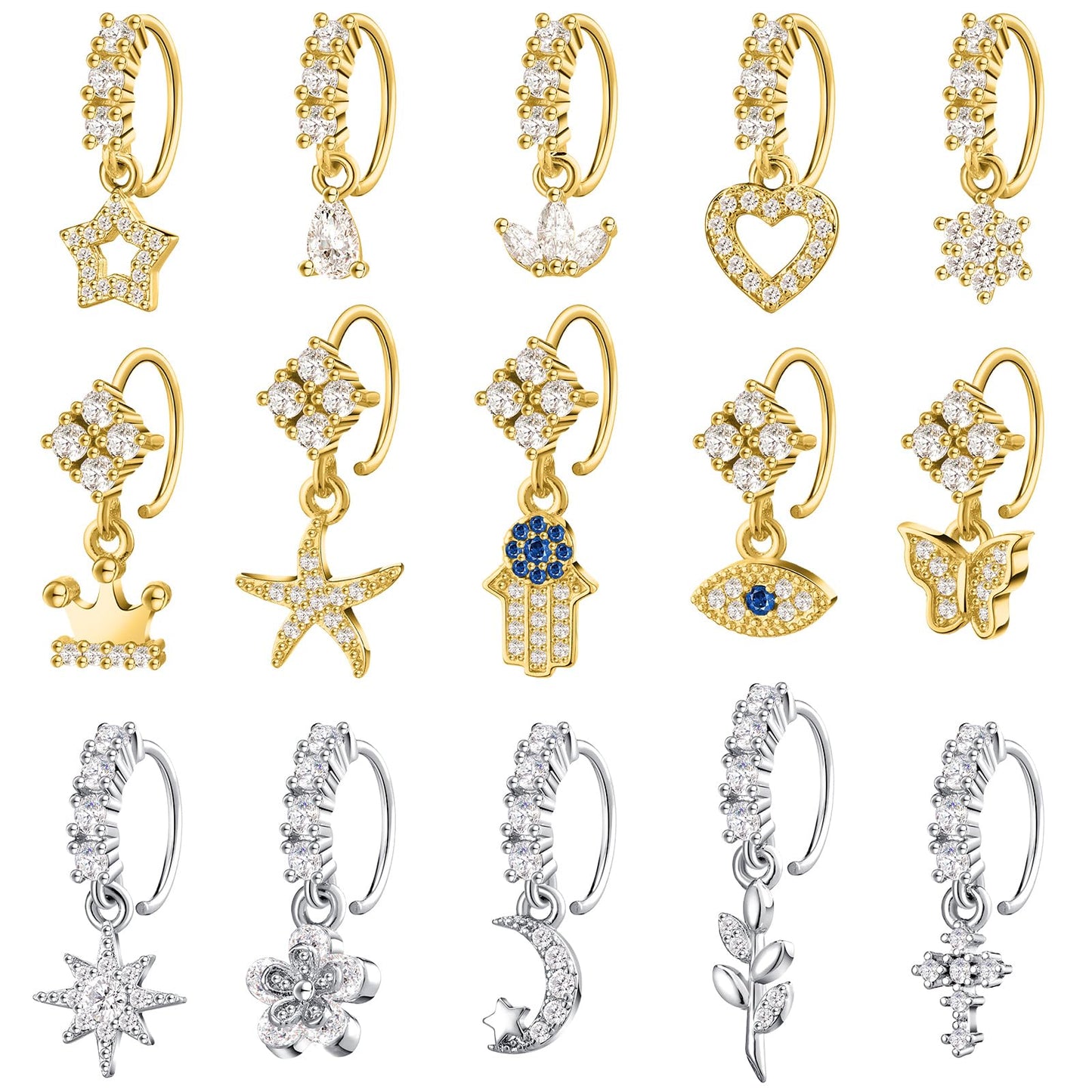 Bonuci 15 Pcs Dangle Nose Rings Hoops Heart Dangle Nose Rings Cartilage Earring Dangling Nose Piercing Jewelry for Women (10 Gold 5 Silver)